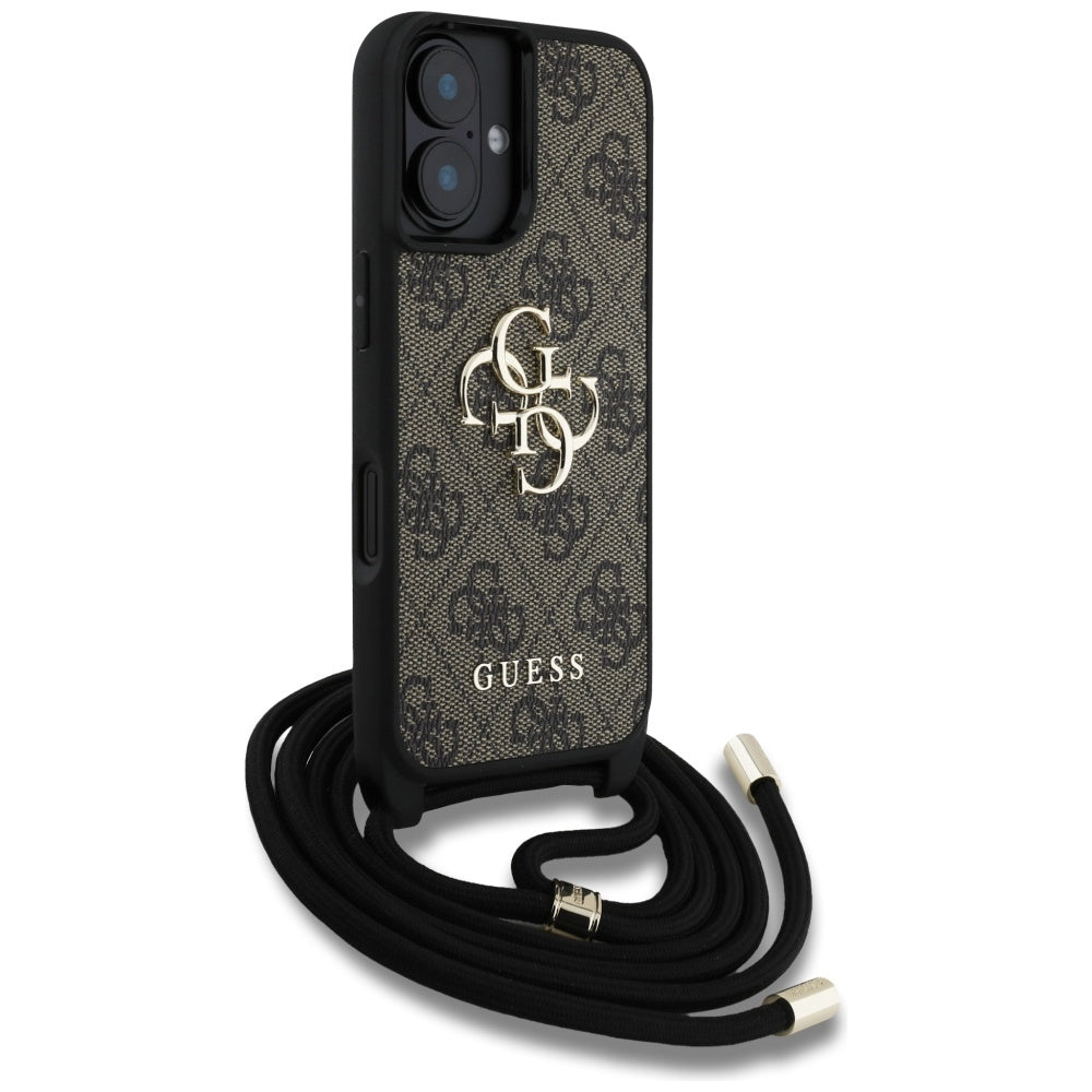 Deksel for Apple iPhone 16, Guess, 4G CBDY Big Logo with Cord Strap, Brun