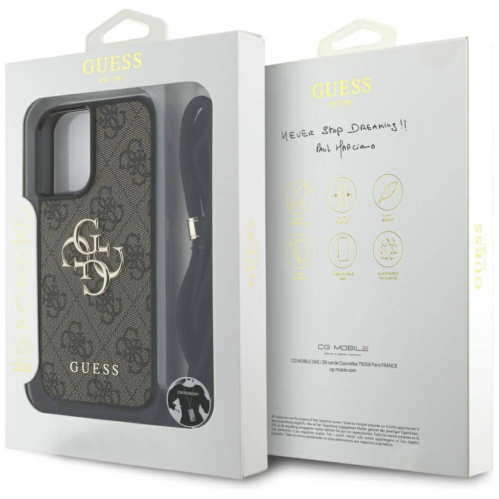 Deksel for Apple iPhone 16, Guess, 4G CBDY Big Logo with Cord Strap, Brun