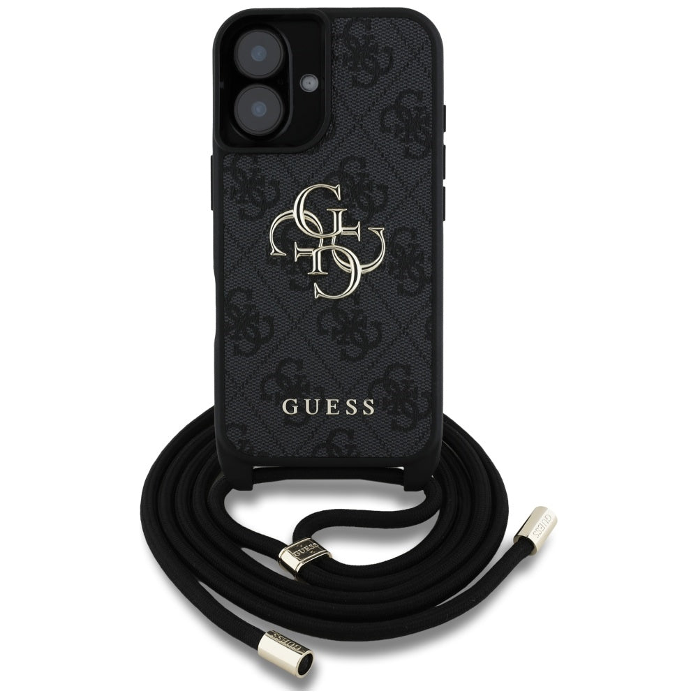Deksel for Apple iPhone 16, Guess, 4G CBDY Big Logo with Cord Strap, Svart