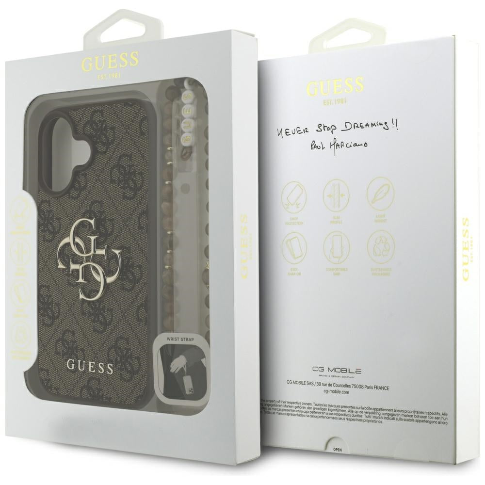 Deksel for Apple iPhone 16, Guess, 4G Classic Logo with Strap, Brun