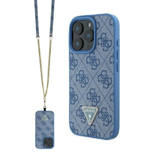 Deksel for Apple iPhone 16, Guess, Crossbody 4G Triangle Strass, Blå