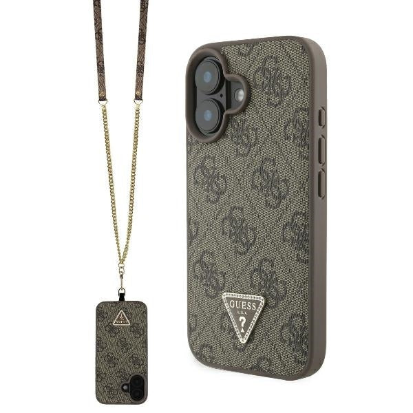 Deksel for Apple iPhone 16, Guess, Crossbody 4G Triangle Strass, Brun