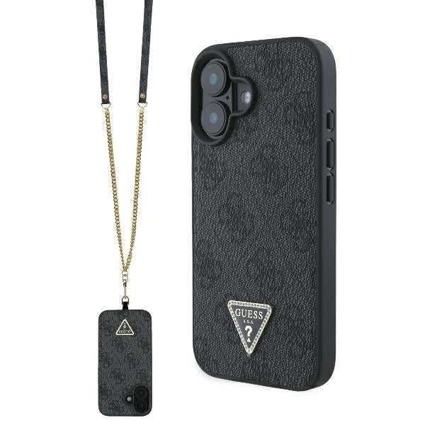 Deksel for Apple iPhone 16, Guess, Crossbody 4G Triangle Strass, Svart
