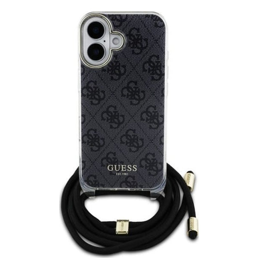 Deksel for Apple iPhone 16, Guess, Crossbody Cord 4G Print, Svart