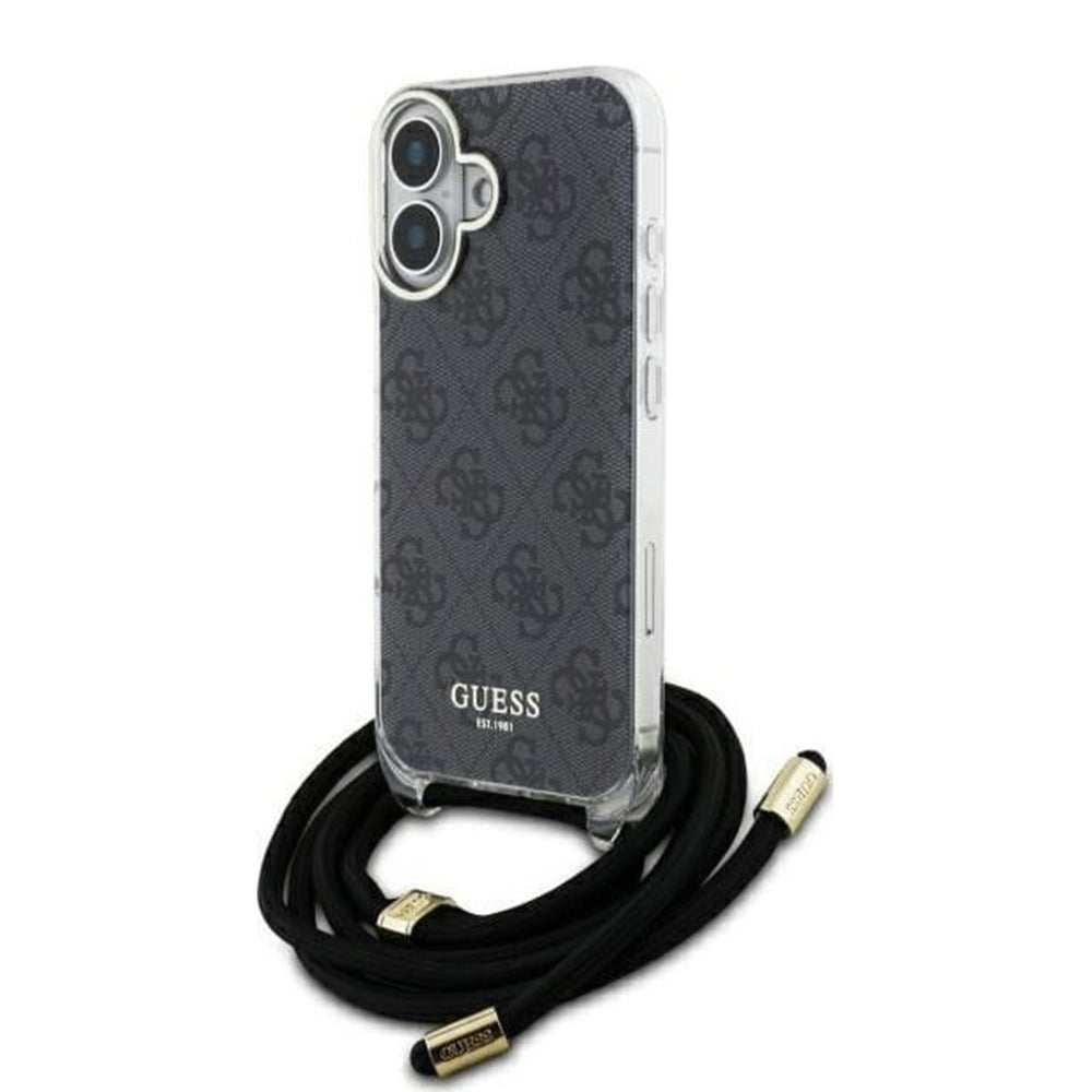 Deksel for Apple iPhone 16, Guess, Crossbody Cord 4G Print, Svart