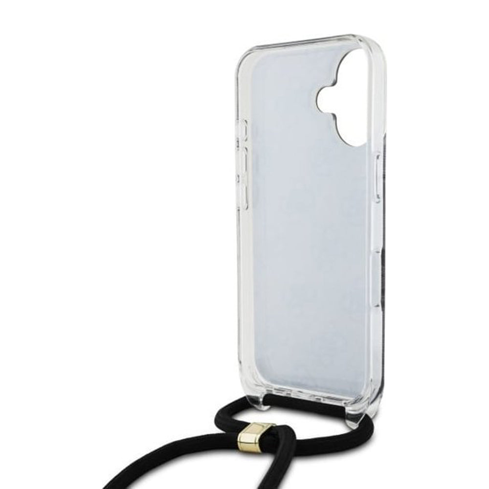 Deksel for Apple iPhone 16, Guess, Crossbody Cord 4G Print, Svart