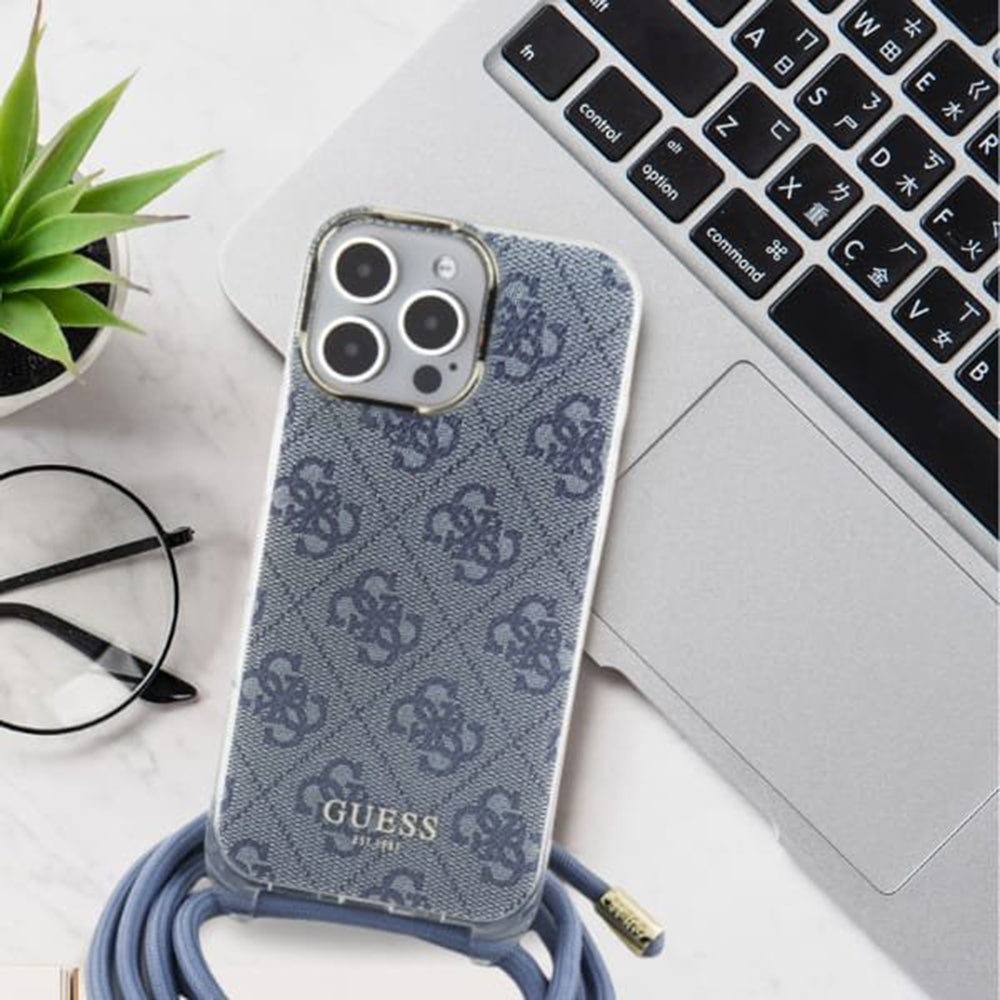 Deksel for Apple iPhone 16, Guess, Crossbody Cord 4G Print, Svart