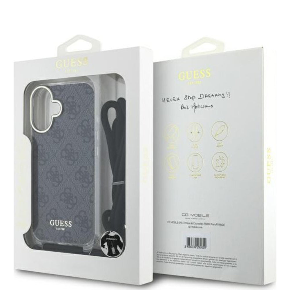 Deksel for Apple iPhone 16, Guess, Crossbody Cord 4G Print, Svart