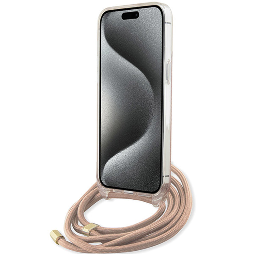 Deksel for Apple iPhone 16, Guess, Crossbody Cord 4G Print, Rosa