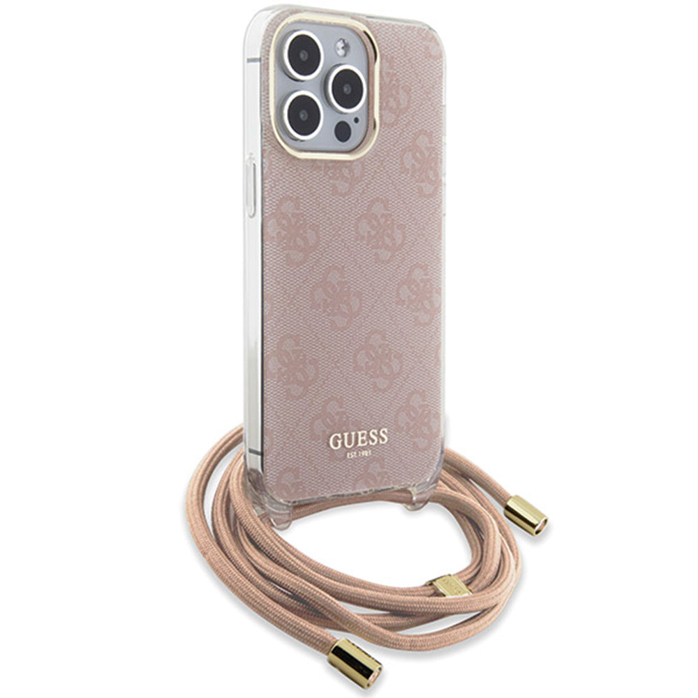Deksel for Apple iPhone 16, Guess, Crossbody Cord 4G Print, Rosa