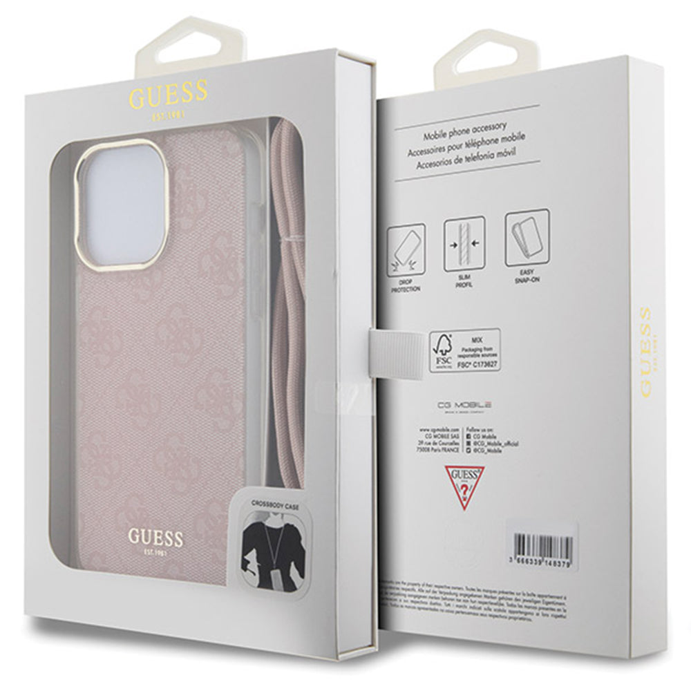 Deksel for Apple iPhone 16, Guess, Crossbody Cord 4G Print, Rosa