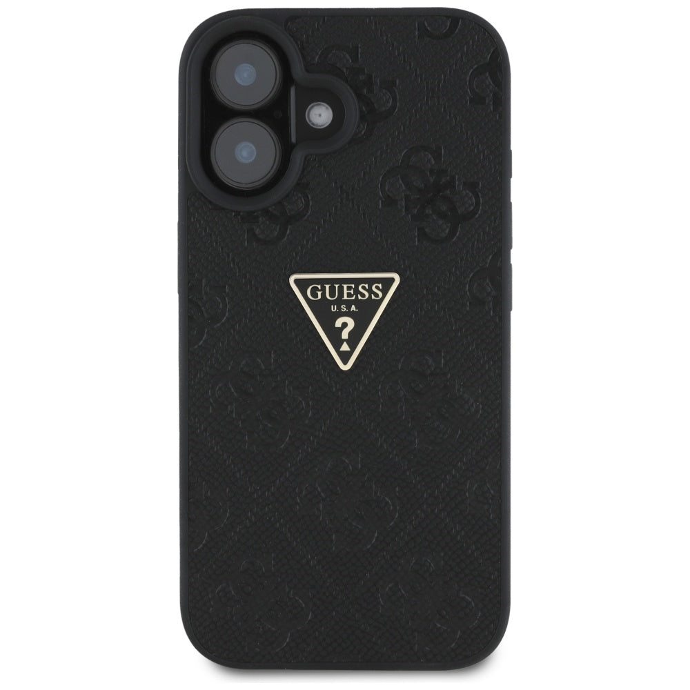 Deksel for Apple iPhone 16, Guess, Hot Stamp 4G Pattern Triangle Logo, Svart