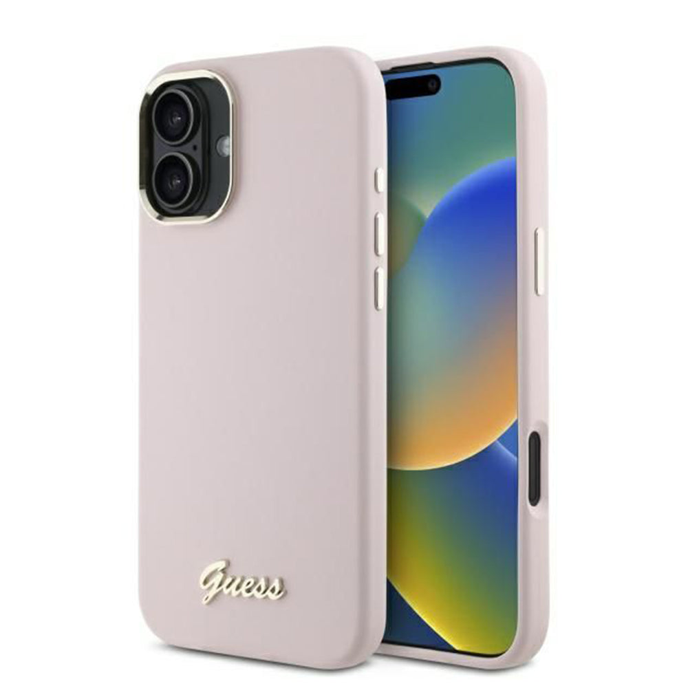 Deksel for Apple iPhone 16, Guess, Script Metal Logo & Frame, Rosa