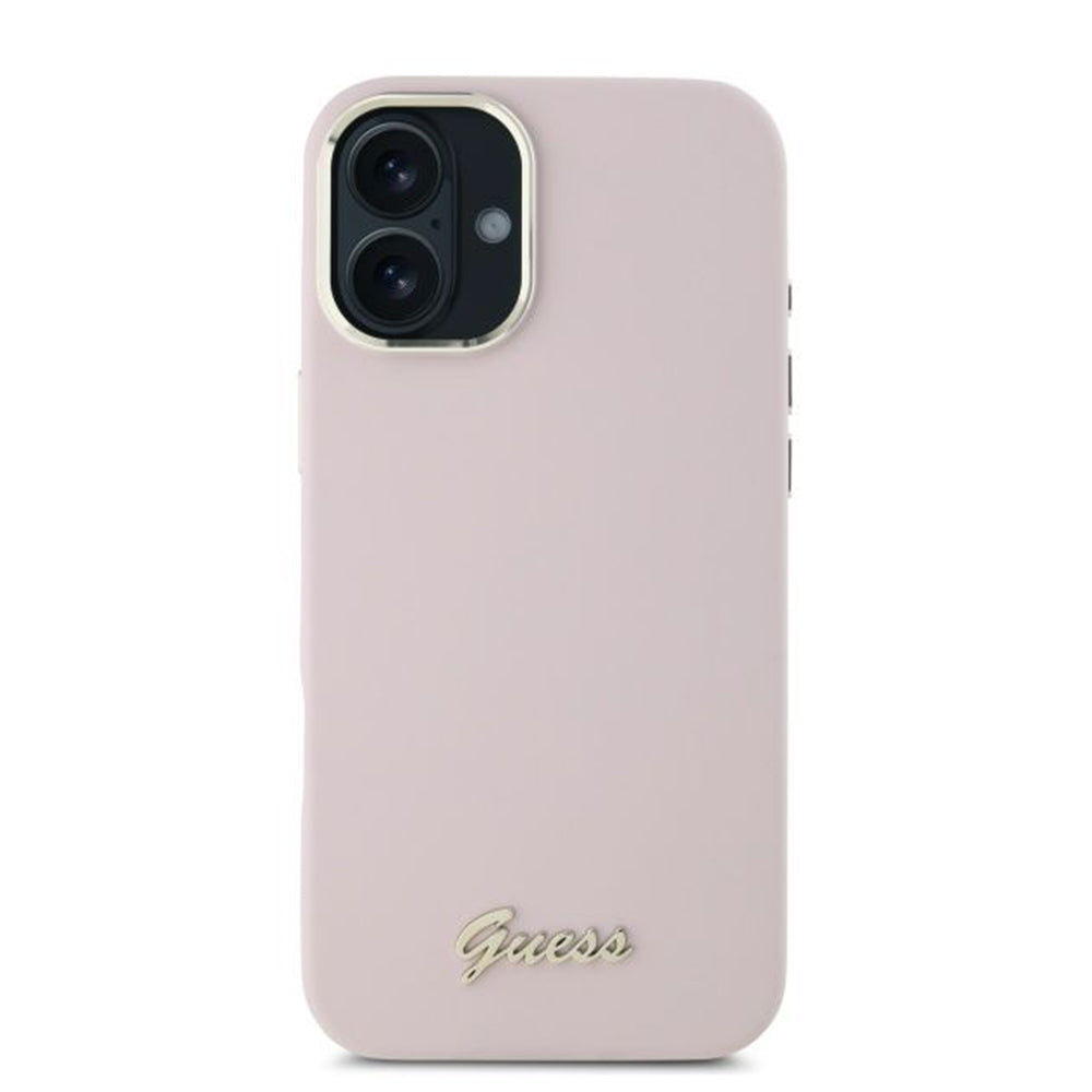 Deksel for Apple iPhone 16, Guess, Script Metal Logo & Frame, Rosa