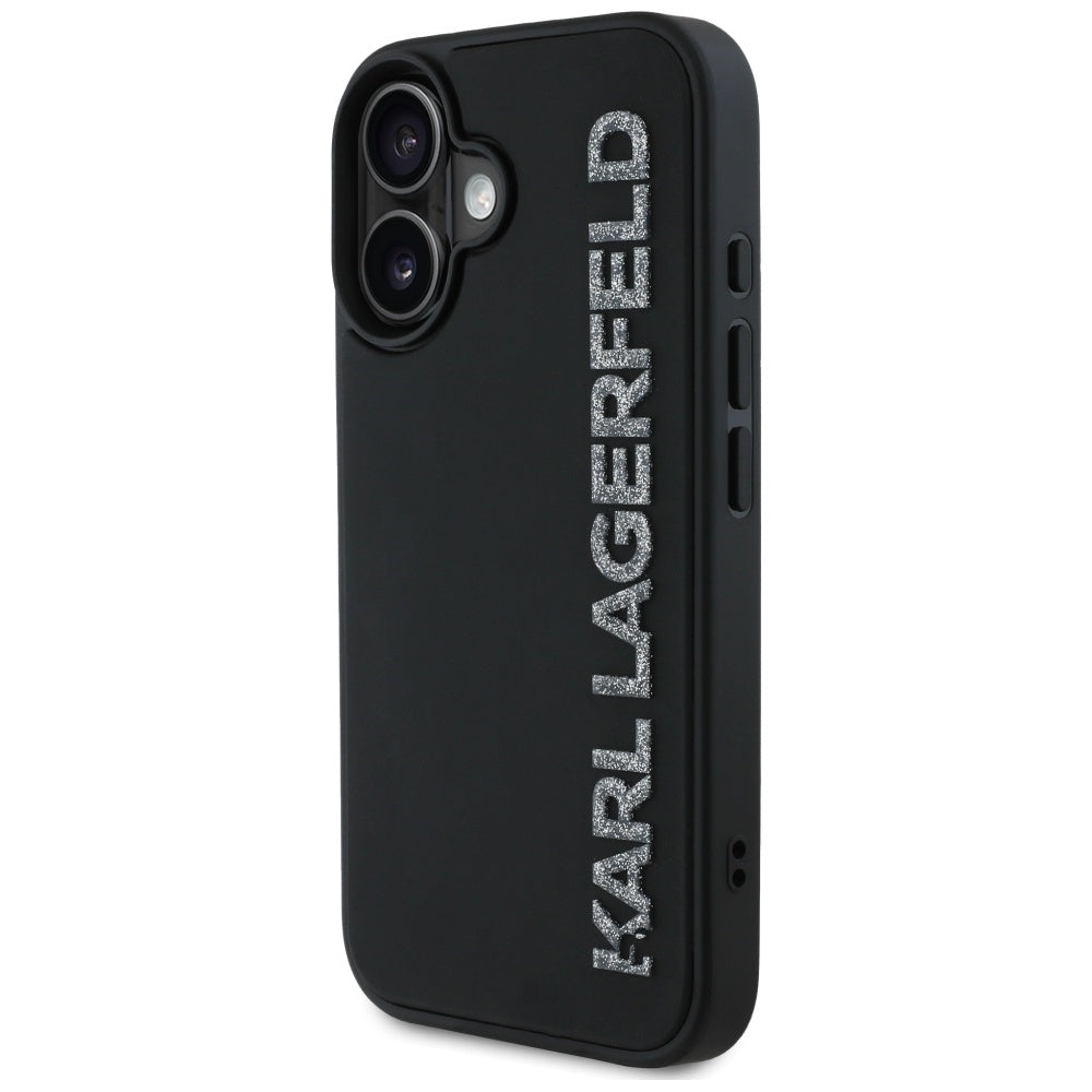 Deksel for Apple iPhone 16, Karl Lagerfeld, 3D Rubber Elongated Glitter Logo, Svart