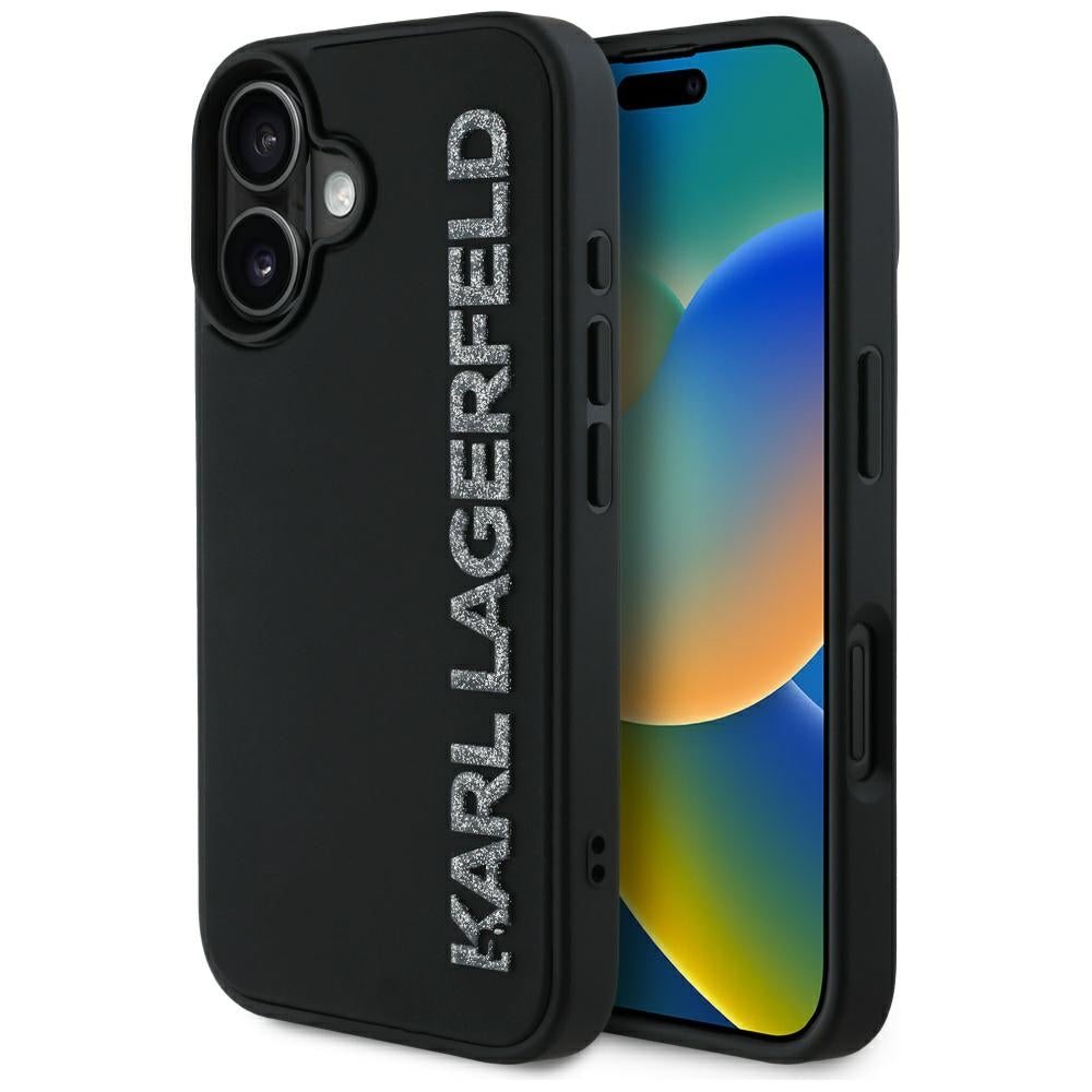 Deksel for Apple iPhone 16, Karl Lagerfeld, 3D Rubber Elongated Glitter Logo, Svart