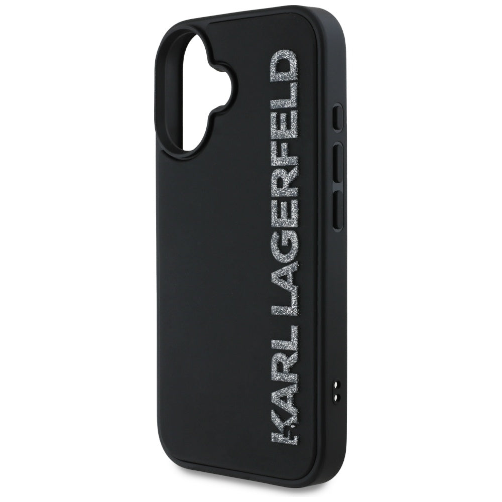 Deksel for Apple iPhone 16, Karl Lagerfeld, 3D Rubber Elongated Glitter Logo, Svart