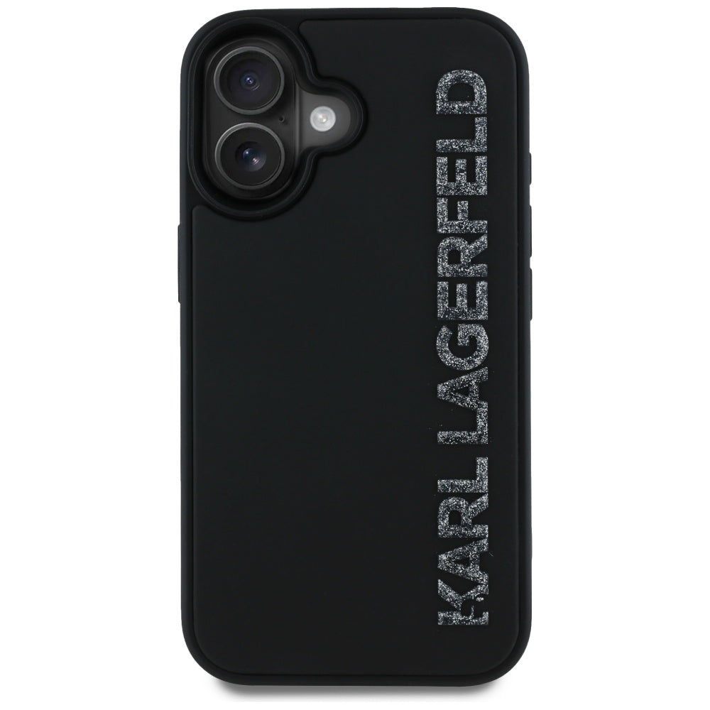 Deksel for Apple iPhone 16, Karl Lagerfeld, 3D Rubber Elongated Glitter Logo, Svart