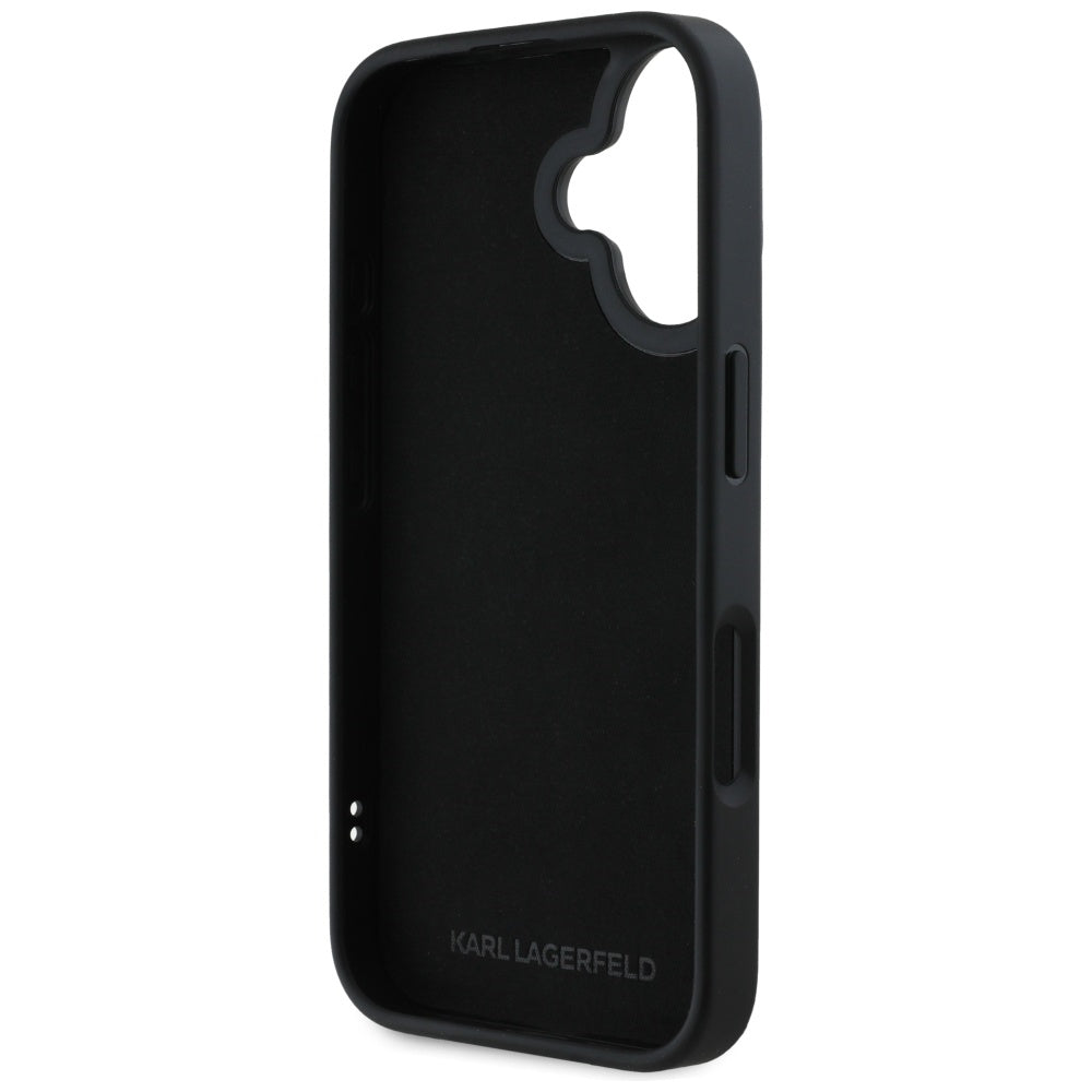 Deksel for Apple iPhone 16, Karl Lagerfeld, 3D Rubber Elongated Glitter Logo, Svart