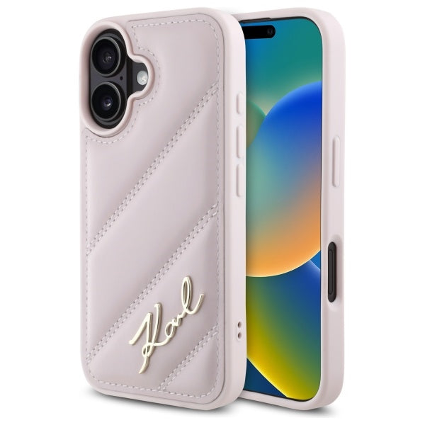Deksel for Apple iPhone 16, Karl Lagerfeld, Diagonal Quilted Script, Rosa