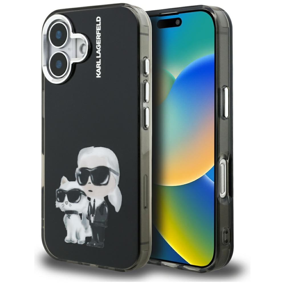 Deksel for Apple iPhone 16, Karl Lagerfeld, IML Aquarelle Logo Karl & Choupette, Svart