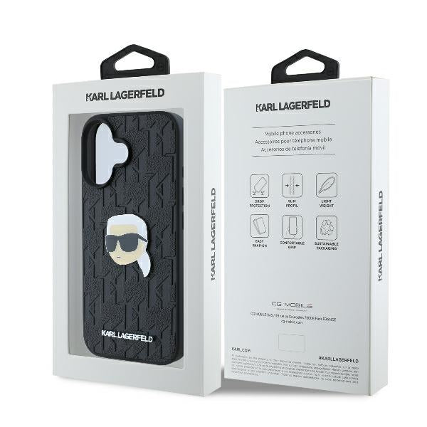 Deksel for Apple iPhone 16, Karl Lagerfeld, Monogram Karl's Head, Svart