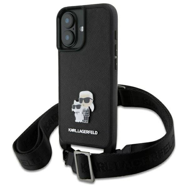Deksel for Apple iPhone 16, Karl Lagerfeld, Saffiano Crossbody Metal Pin Karl & Choupette, Hvit