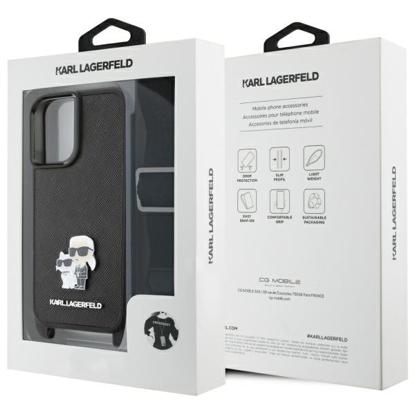 Deksel for Apple iPhone 16, Karl Lagerfeld, Saffiano Crossbody Metal Pin Karl & Choupette, Hvit