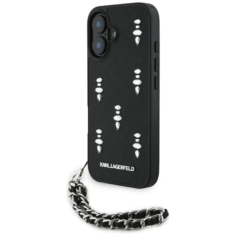 Deksel for Apple iPhone 16, Karl Lagerfeld, Saffiano Crystals & Charm, Svart