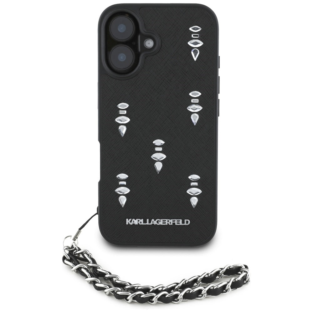 Deksel for Apple iPhone 16, Karl Lagerfeld, Saffiano Crystals & Charm, Svart