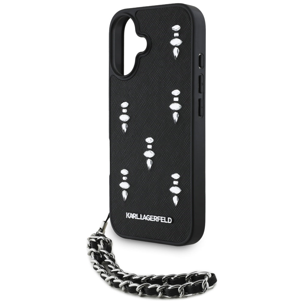 Deksel for Apple iPhone 16, Karl Lagerfeld, Saffiano Crystals & Charm, Svart