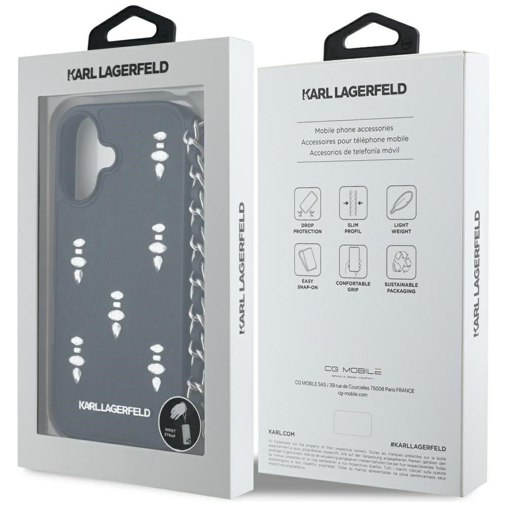 Deksel for Apple iPhone 16, Karl Lagerfeld, Saffiano Crystals & Charm, Svart