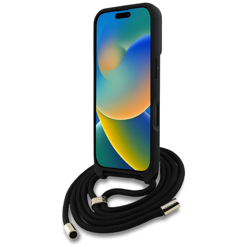 Deksel for Apple iPhone 16 Plus, Guess, 4G CBDY Big Logo with Cord Strap, Brun