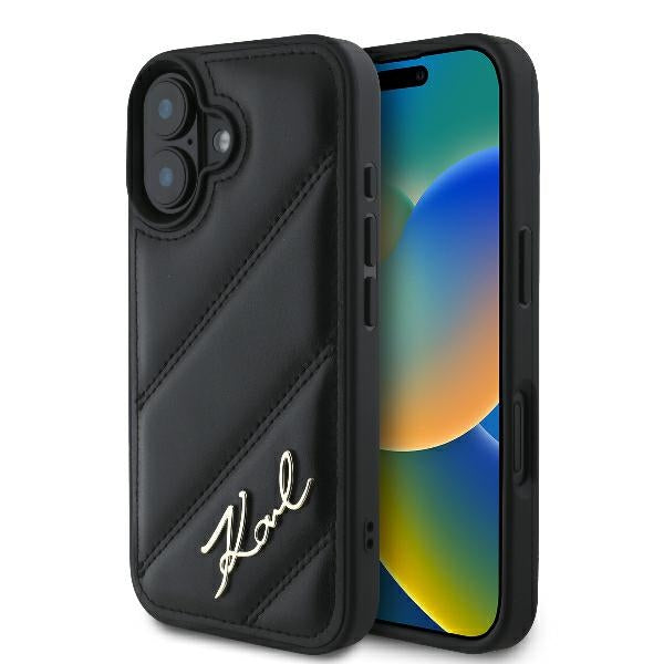 Deksel for Apple iPhone 16 Plus, Karl Lagerfeld, Diagonal Quilted Script, Svart
