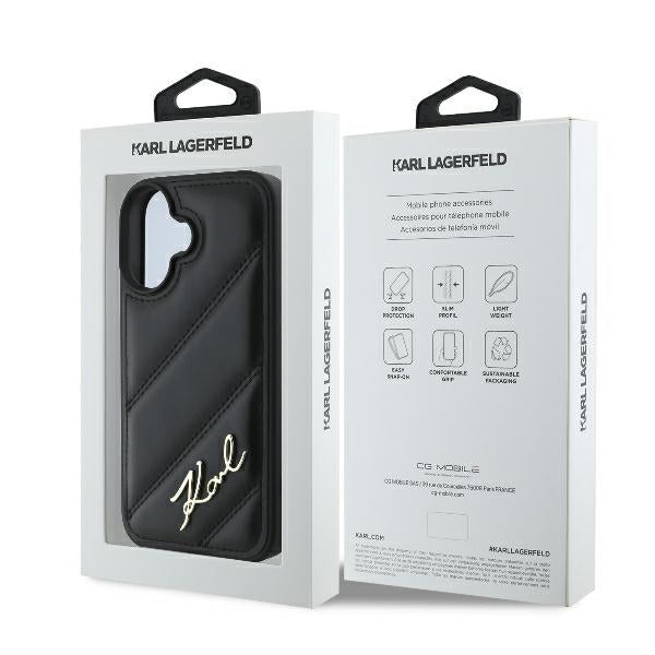Deksel for Apple iPhone 16 Plus, Karl Lagerfeld, Diagonal Quilted Script, Svart