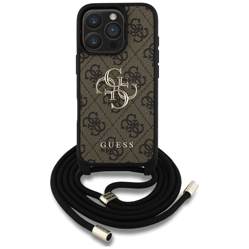 Deksel for Apple iPhone 16 Pro, Guess, 4G CBDY Big Logo with Cord Strap, Brun