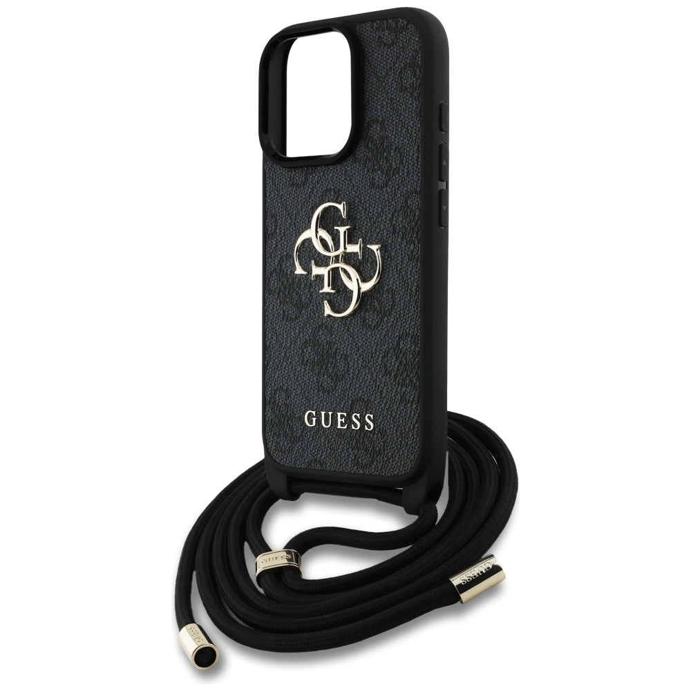 Deksel for Apple iPhone 16 Pro, Guess, 4G CBDY Big Logo with Cord Strap, Svart