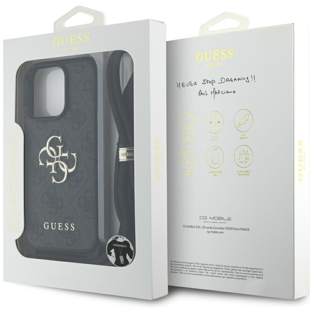 Deksel for Apple iPhone 16 Pro, Guess, 4G CBDY Big Logo with Cord Strap, Svart