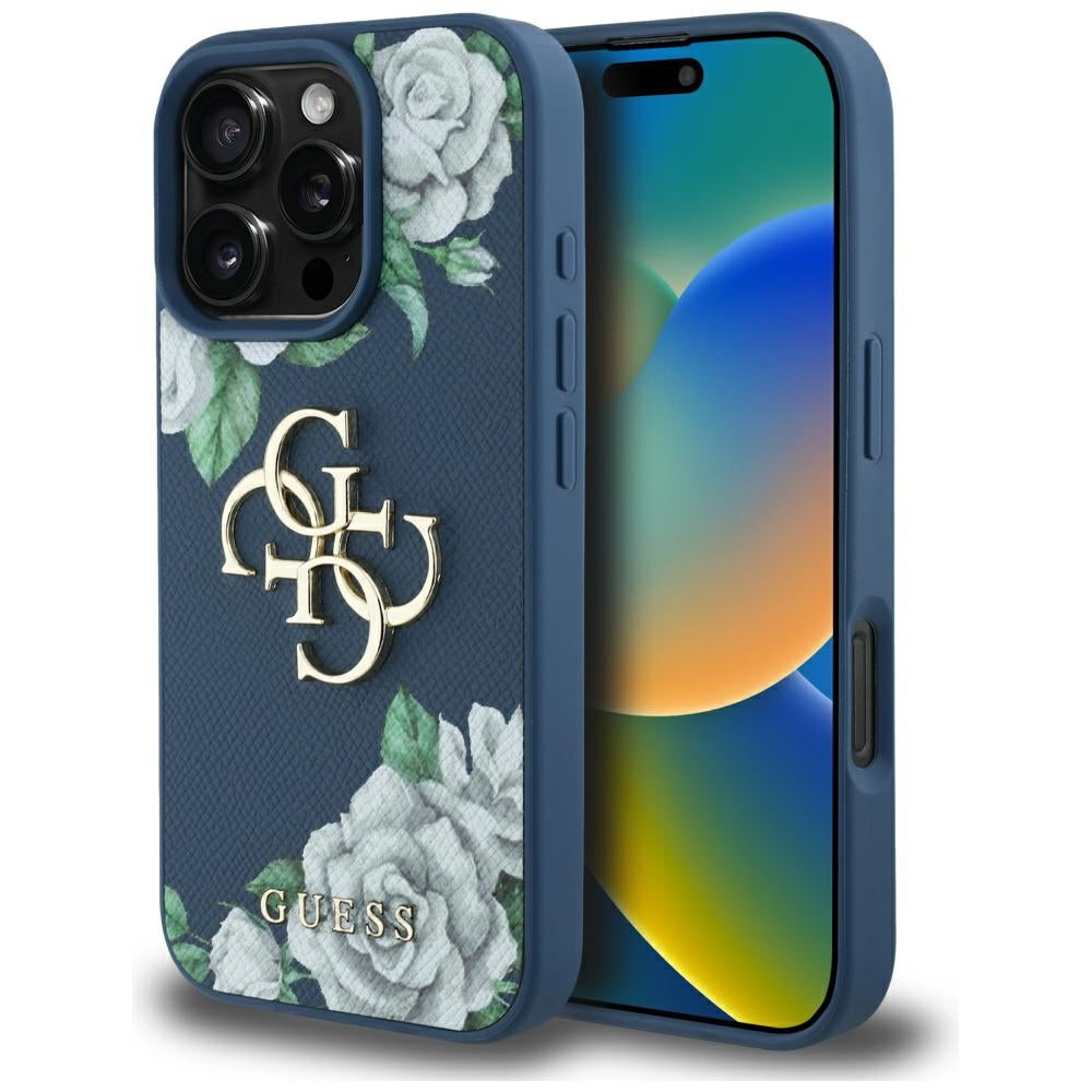 Deksel for Apple iPhone 16 Pro, Guess, 4G Grained Roses Big Logo, Blå