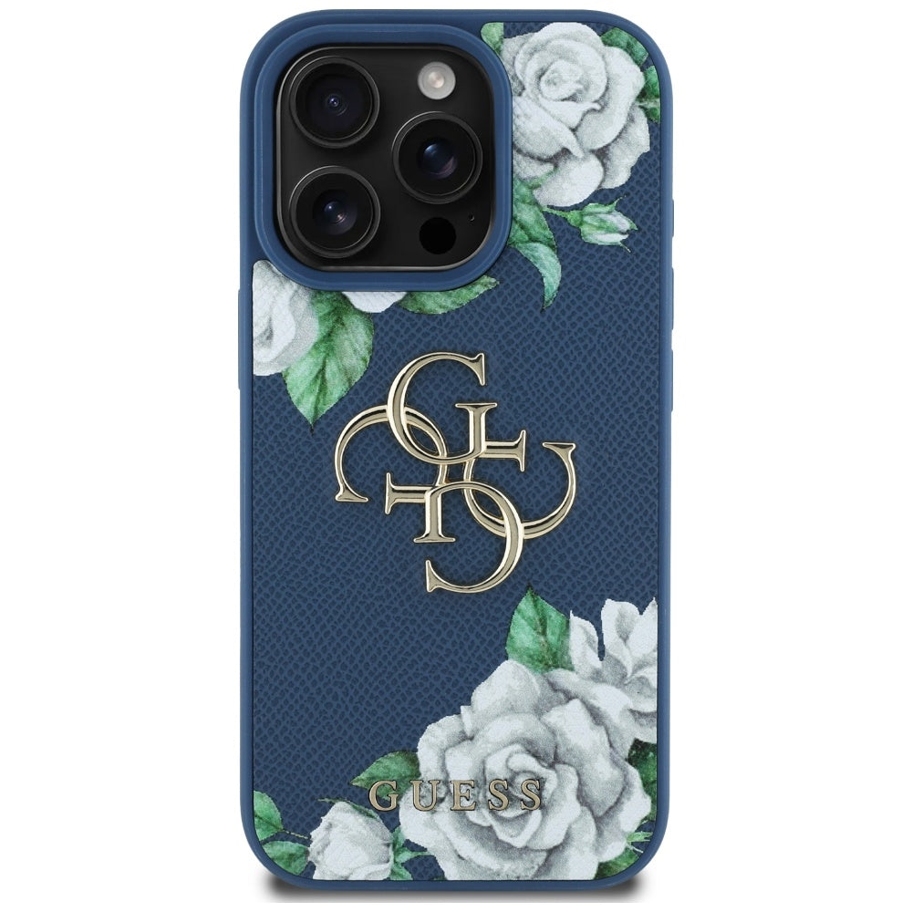 Deksel for Apple iPhone 16 Pro, Guess, 4G Grained Roses Big Logo, Blå