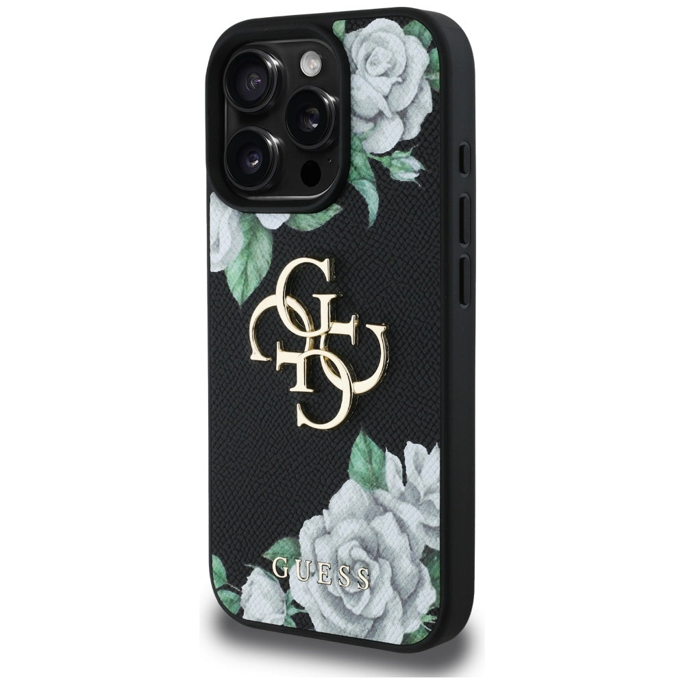 Deksel for Apple iPhone 16 Pro, Guess, 4G Grained Roses Big Logo, Svart