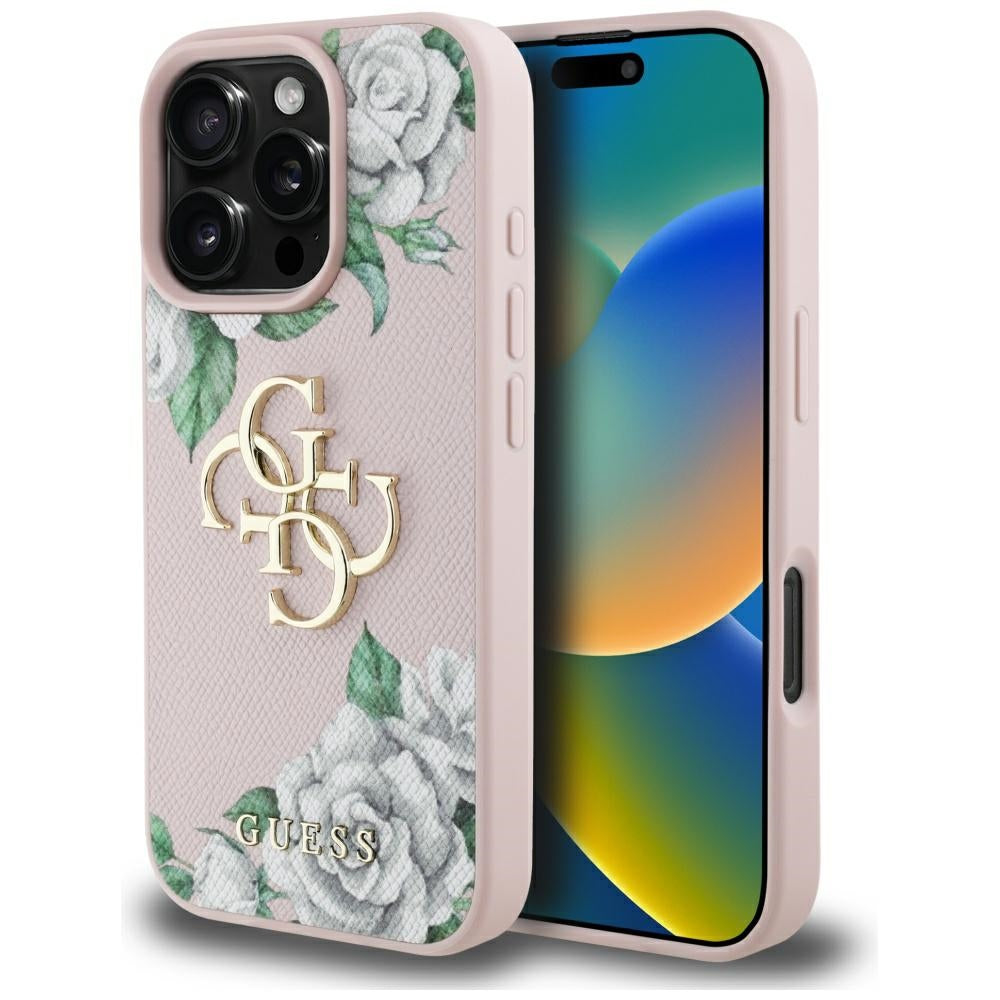 Deksel for Apple iPhone 16 Pro, Guess, 4G Grained Roses Big Logo, Rosa