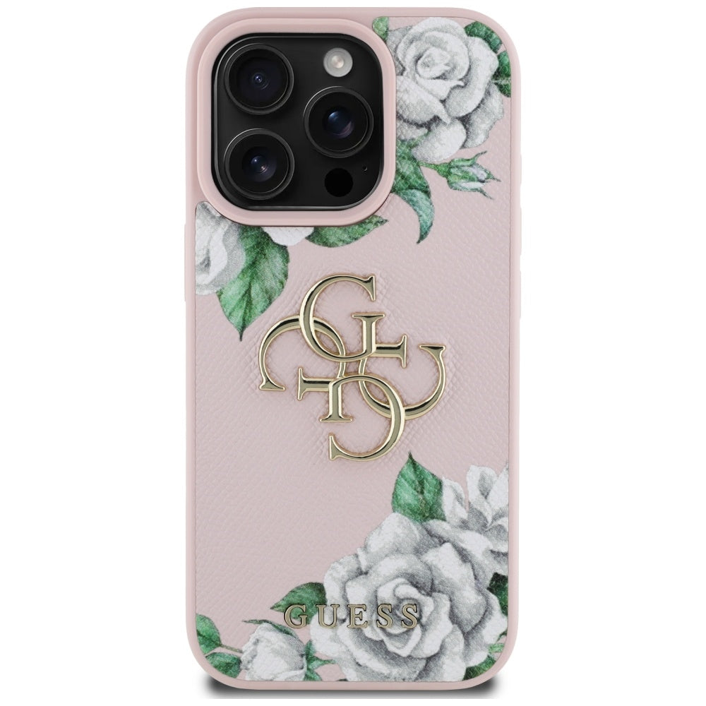 Deksel for Apple iPhone 16 Pro, Guess, 4G Grained Roses Big Logo, Rosa