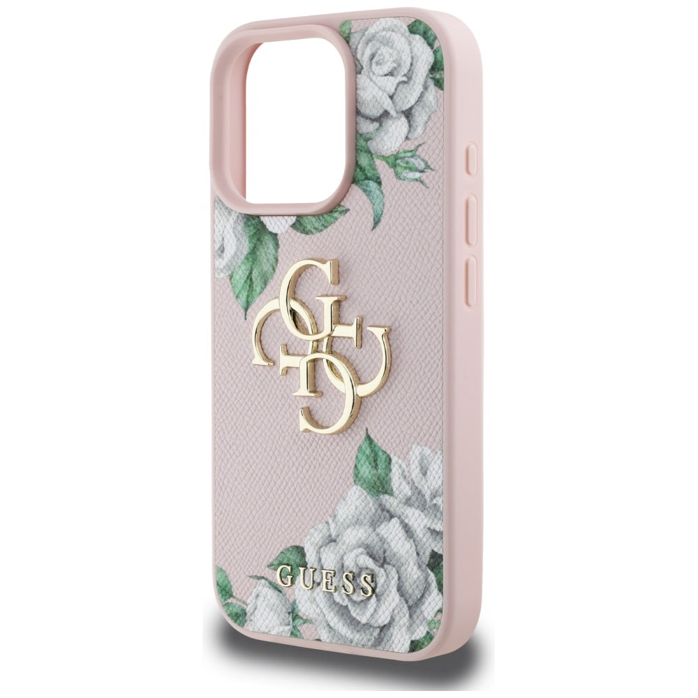 Deksel for Apple iPhone 16 Pro, Guess, 4G Grained Roses Big Logo, Rosa