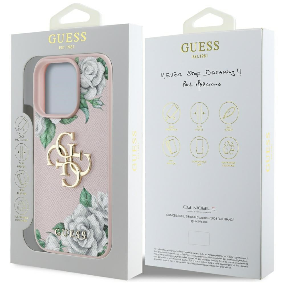 Deksel for Apple iPhone 16 Pro, Guess, 4G Grained Roses Big Logo, Rosa