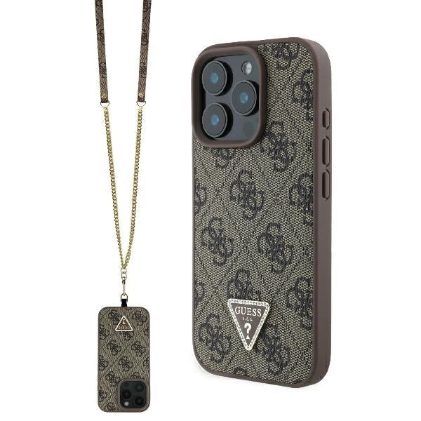 Deksel for Apple iPhone 16 Pro, Guess, Crossbody 4G Triangle Strass, Brun