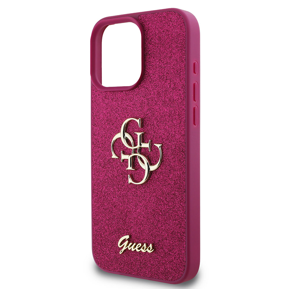 Deksel for Apple iPhone 16 Pro, Guess, Glitter Big 4G Script, Magenta