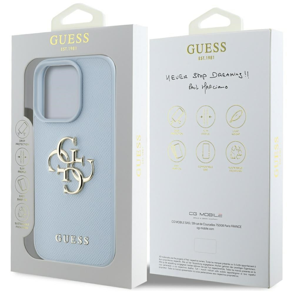 Deksel for Apple iPhone 16 Pro, Guess, Grained Big 4G Logo Small Classic Logo, Blå