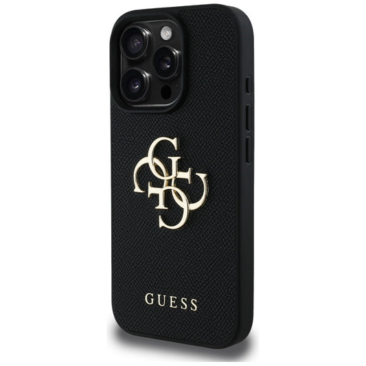 Deksel for Apple iPhone 16 Pro, Guess, Grained Big 4G Logo Small Classic Logo, Svart