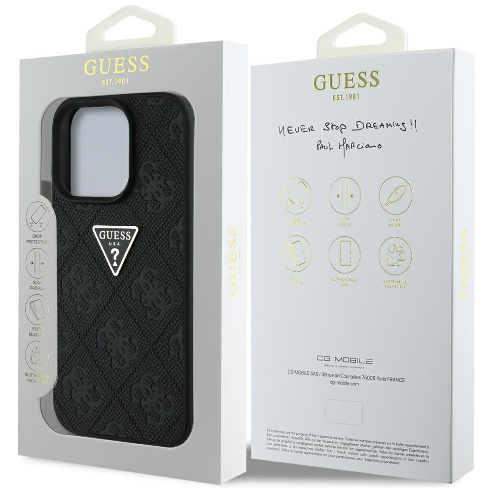 Deksel for Apple iPhone 16 Pro, Guess, Hot Stamp 4G Pattern Triangle Logo, Svart